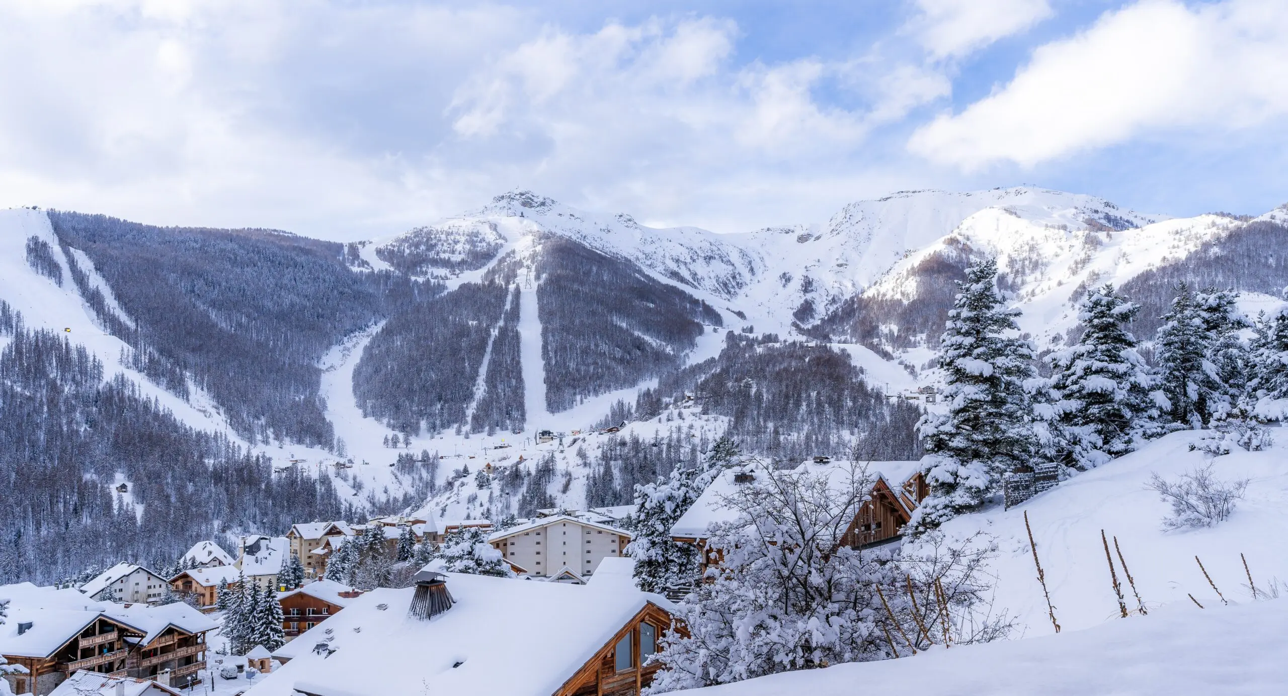 View on the snowy mountains of Auron, France